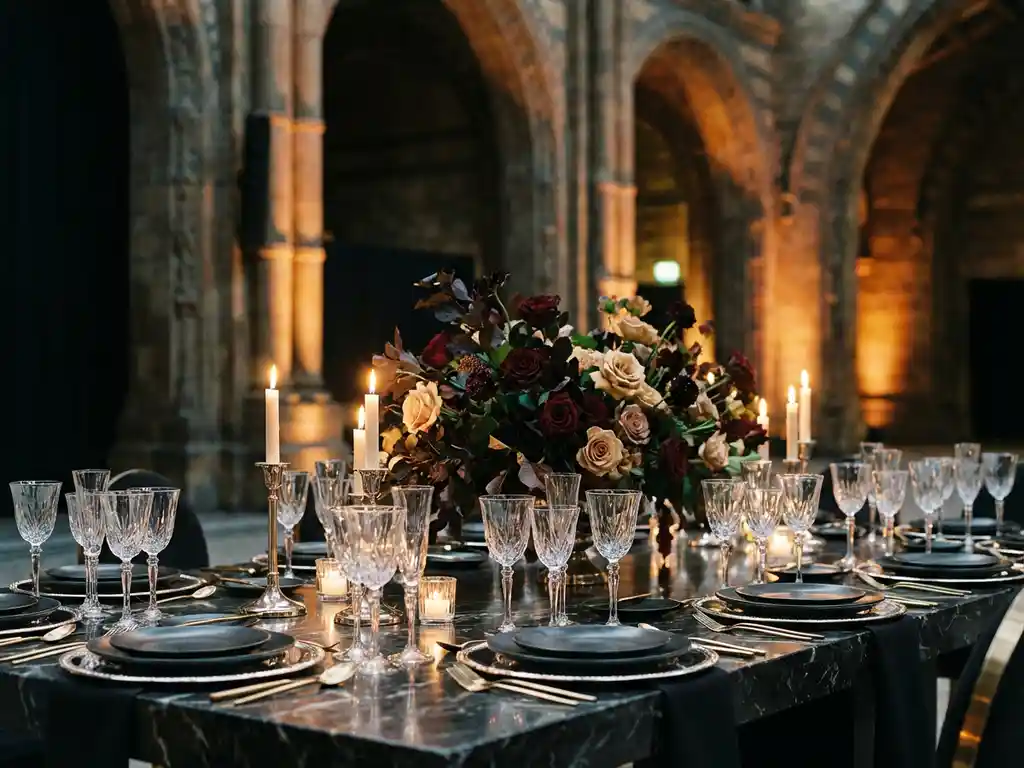 Luxe tafelsetting in museumzaal met kristallen glazen, zilveren schalen, kaarslicht en een elegante bloemstuk in goud- en bordeauxtinten.