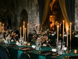 Luxe evenementtafel met sculpturale bloemstukken, gouden bestek en slanke kaarsen op smaragdgroene linens in een sfeervolle erfgoedlocatie.