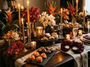 Weelderig gedekte feesttafel met tropische bloemen, gourmetborrels op leisteen, maskerademasker en champagneglas in gouden kaarslicht.