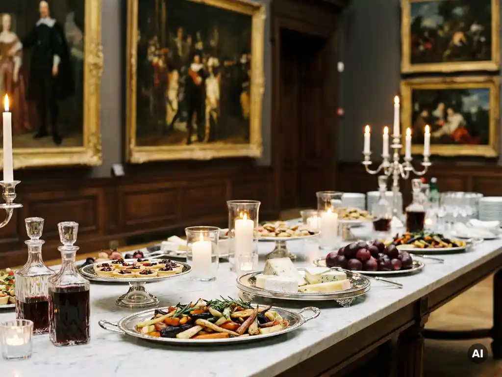 Elegante cateringsopstelling op marmeren tafel in Nederlandse museumzaal met vergulde schilderijlijsten en zilveren serveerschalen bij kaarslicht.