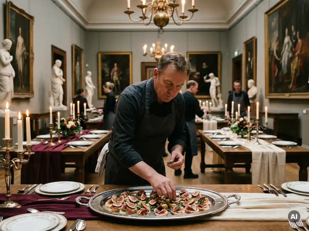 Cateringprofessional schikt seizoensgebonden hapjes op elegant bord in museumzaal met kaarslicht, fijn porselein en gepolijst zilverwerk.