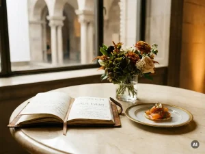 Opengeslagen leren agenda naast een elegant gepresenteerd hapje en seizoensbloemen op marmeren ondergrond, met een museumzaal op de achtergrond.