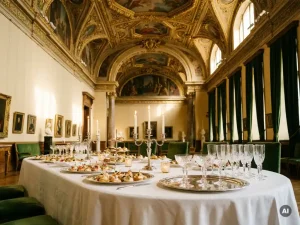 Elegante canapés en champagneflutes op een wit gedekte tafel in een museumzaal met vergulde plafondarchitectuur en kaarslicht.