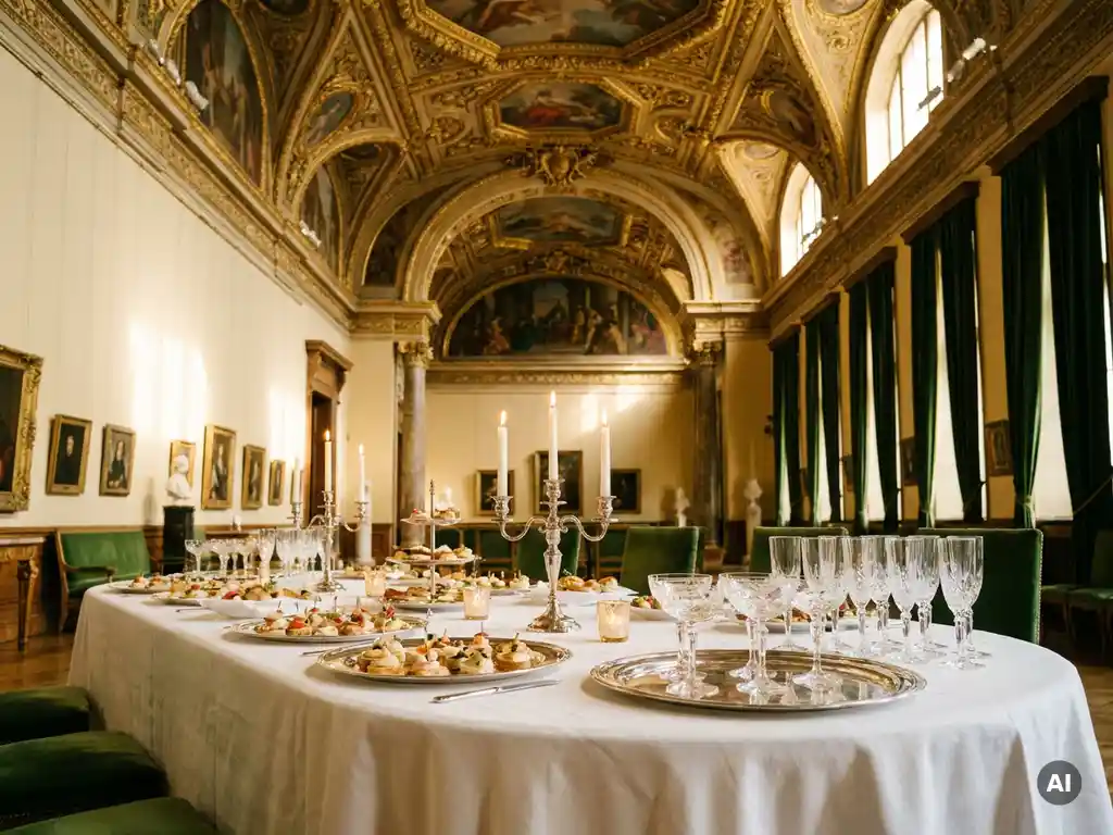Elegante canapés en champagneflutes op een wit gedekte tafel in een museumzaal met vergulde plafondarchitectuur en kaarslicht.