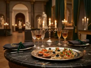 Zilveren schaal met canapés en kristallen glaswerk op donker marmeren tafel in museumzaal, warm kaarslicht, luxueuze sfeer.