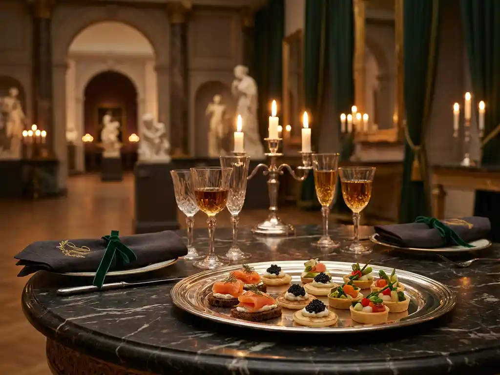 Zilveren schaal met canapés en kristallen glaswerk op donker marmeren tafel in museumzaal, warm kaarslicht, luxueuze sfeer.