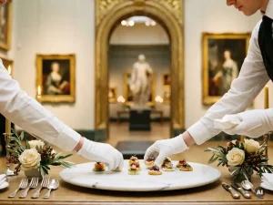 Witgehandschoende ober schikt elegante canapés op marmeren schaal in museumzaal met vergulde bogen en schilderijen op de achtergrond.