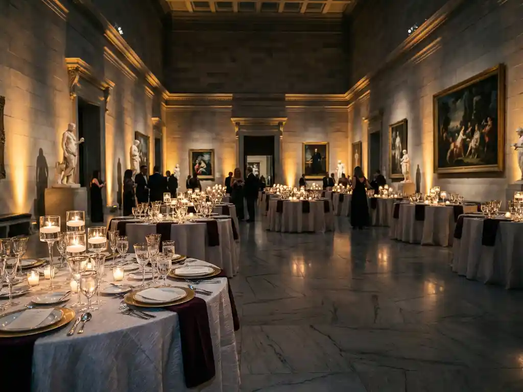Luxueuze bedrijfsevenement in museumzaal met ronde tafels, witte linnen en kaarslicht op marmeren vloer.