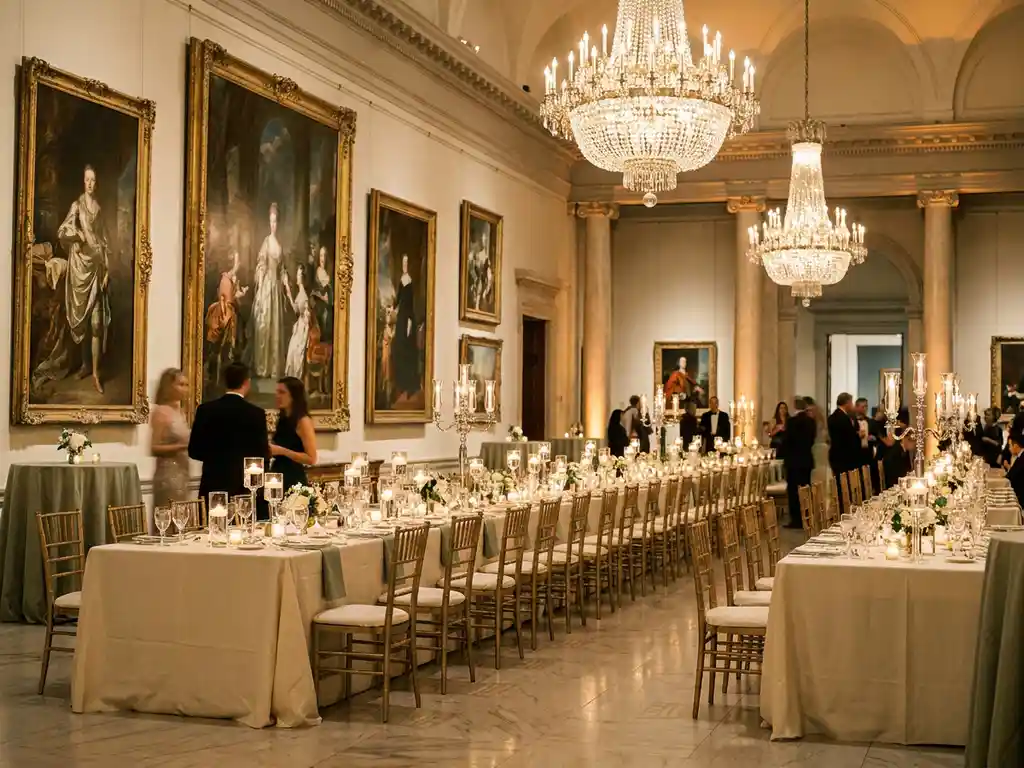 Elegante bedrijfsevenement in museumzaal met linnen tafels, kaarsen en kristallen glazen onder klassieke schilderijen en kroonluchters.