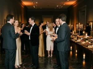 Gasten in avondkleding mingelen in een museumzaal met kaarslicht buffet, amberkleurige spots en donker marmeren vloer.