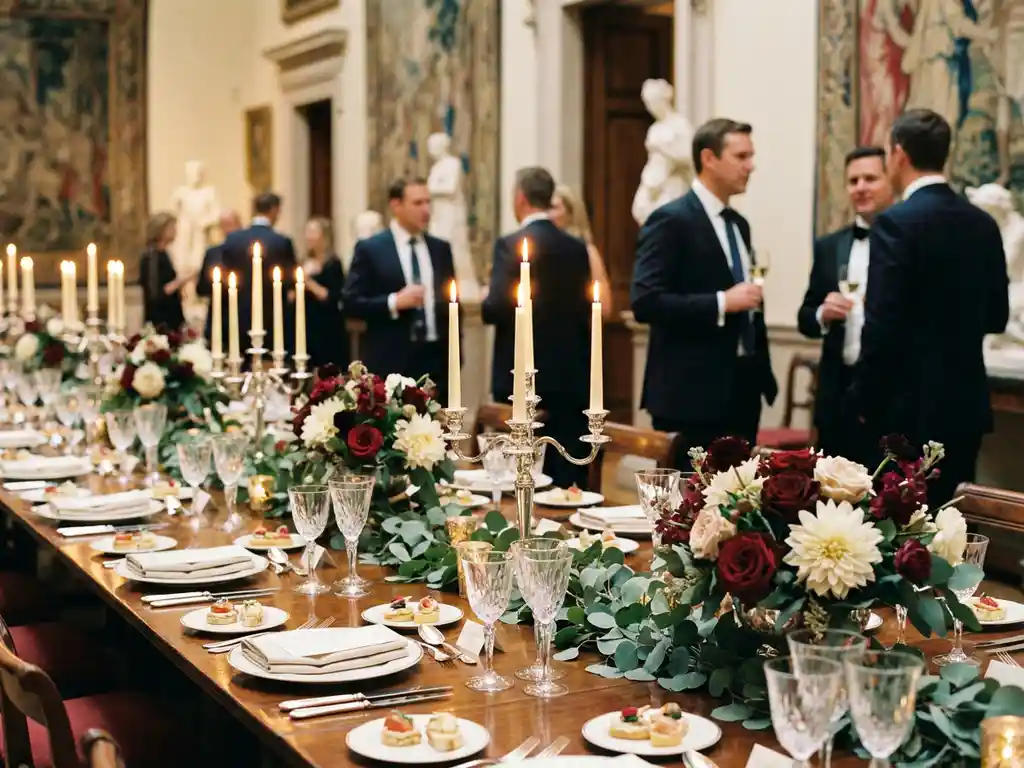 Elegante bankettafel in museumzaal met kristallen glazen, kaarslicht en bordeauxrode bloemstukken, professionals op de achtergrond.