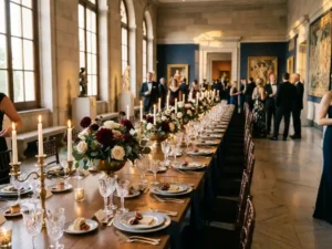 Feestelijk gedekte banquettafel in museumzaal met kristallen glazen, kaarslicht en bordeauxrode bloemstukken, gasten in avondkleding op achtergrond.
