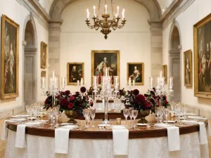 Elegante receptietafel met witte linnen, bordeauxrode bloemstukken en kristallen glazen in een museumzaal met klassieke kunst op de achtergrond.