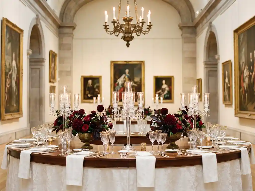 Elegante receptietafel met witte linnen, bordeauxrode bloemstukken en kristallen glazen in een museumzaal met klassieke kunst op de achtergrond.