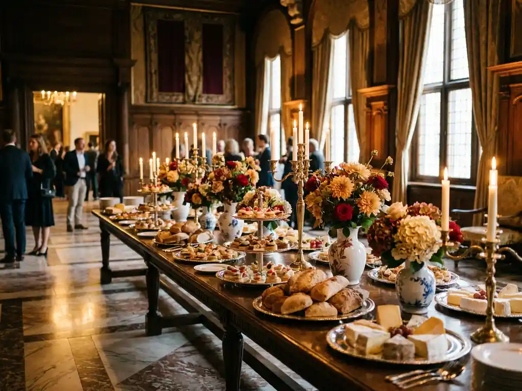 Weelderige banquettafel met elegante canapés, seizoensbloemen en zilveren schalen in een historische Nederlandse museumzaal met kaarslicht.