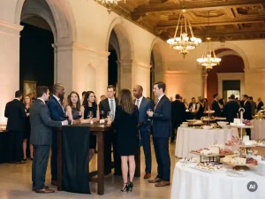 Professionals met wijnglazen rond een hoge cocktailtafel in een museumzaal met kroonluchters en canapés op witte linnen tafels.