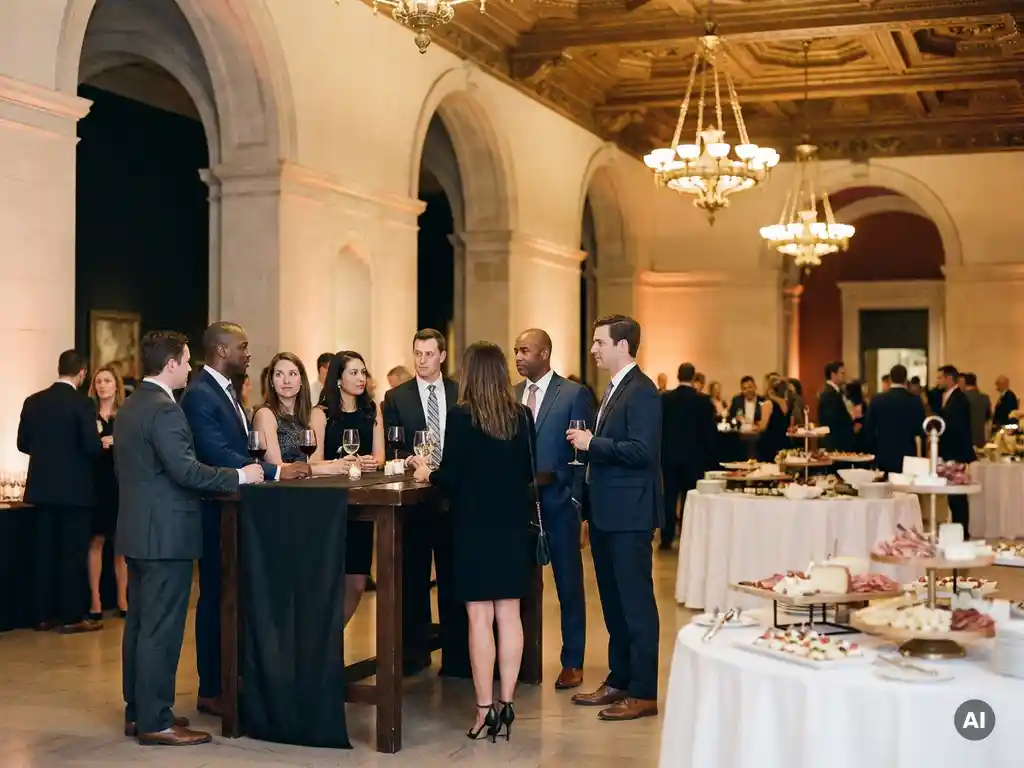Professionals met wijnglazen rond een hoge cocktailtafel in een museumzaal met kroonluchters en canapés op witte linnen tafels.