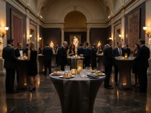 Zakelijke netwerkborrel in museumzaal met professionals bij cocktailtafels, kaarsverlichting op marmeren vloer en kristallen glaswerk.