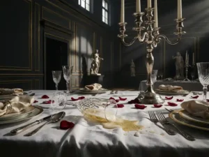 Omgevallen champagneglas dat morst op een wit linnen banquettafel met luxe couvert, rozenblaadjes en een onverlichte kandelaar in een museumzaal.