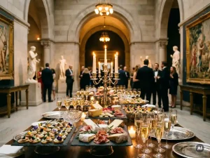 Luxe personeelsfeest buffettafel met canapés, charcuterie op leistenen planken en champagneglazen in een sfeervolle museumzaal.