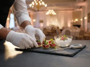 Cateringprofessional met witte handschoenen schikt elegante hapjes op een leistenen serveerplank, met temperatuurmeter en verse garnituren.