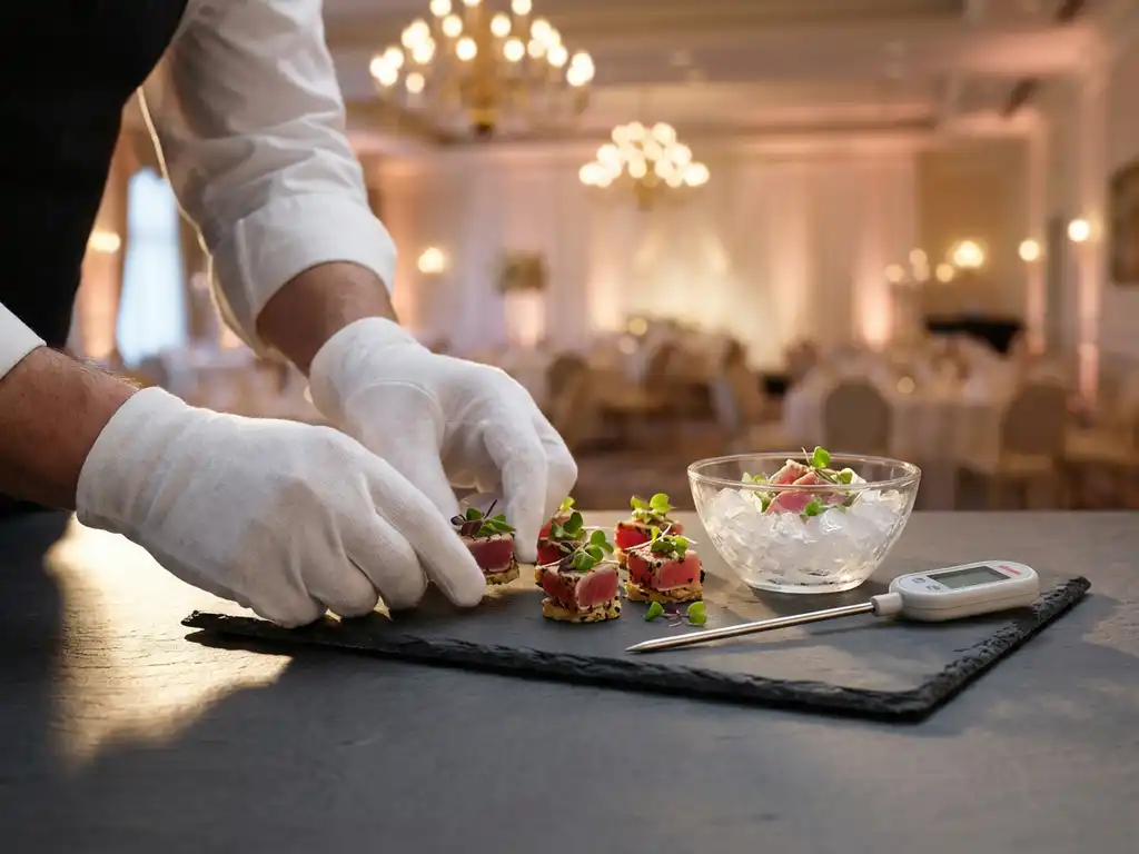 Cateringprofessional met witte handschoenen schikt elegante hapjes op een leistenen serveerplank, met temperatuurmeter en verse garnituren.