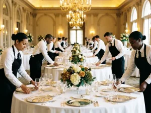 Cateringteam schikt elegante tafels in feestzaal met witte linnen, gepolijst glaswerk en bloemstukken onder gouden kroonluchters.