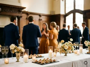 Elegante canapés en champagneflûtes op een wit-linnen receptietafel in een historische Nederlandse feestzaal met kaarslicht en bloemen.