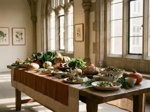 Seizoensgebonden oogstspread met lokale groenten, ambachtelijk brood en keramische schalen op linnen tafelkleed in elegant museumzaal met boogvensters.