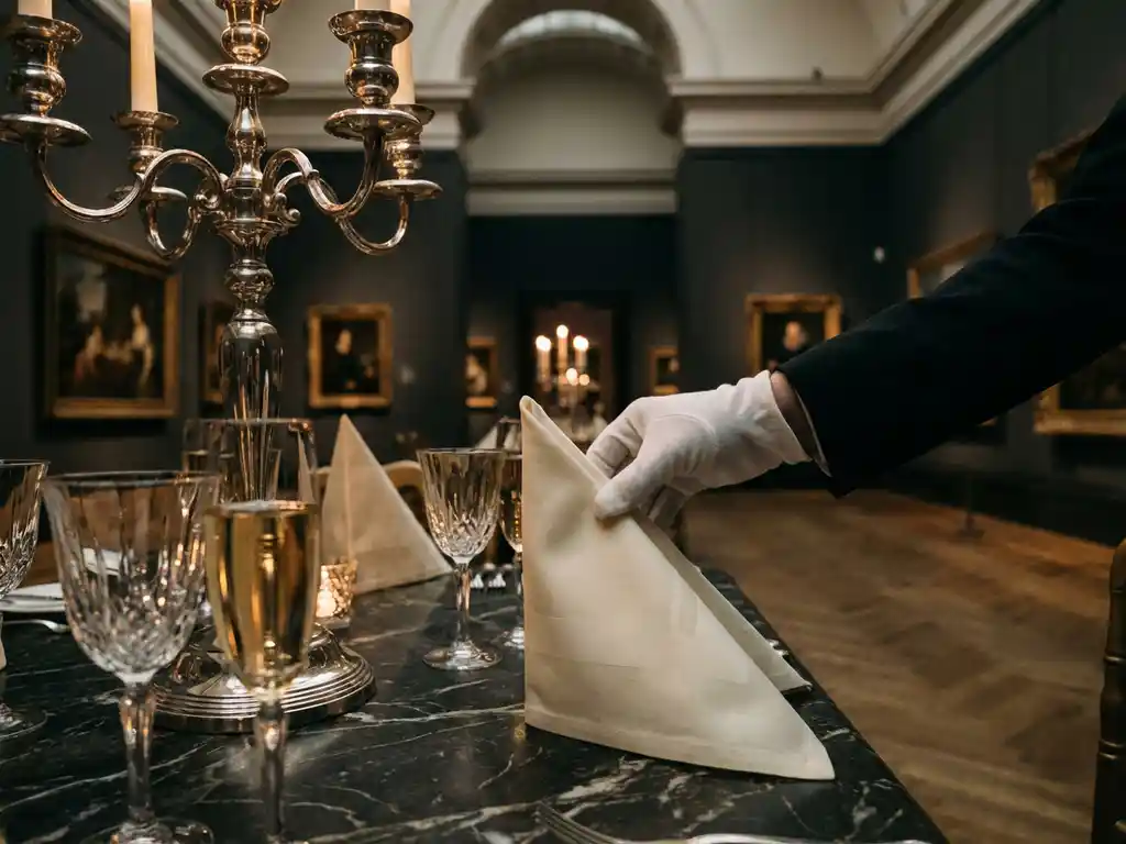 Witte gehandschoende hand die een linnen servet schikt naast een zilveren kandelaar op een banquettafel met kristallen glazen.
