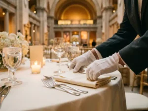Ervaren eventplanner schikt linnen servet bij elegant gedekte ronde banquettafel, kaarslicht weerspiegelt in zilverwerk en kristal.