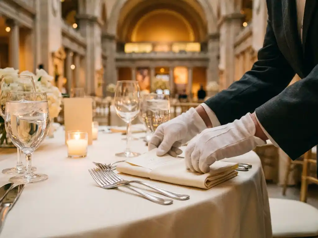 Ervaren eventplanner schikt linnen servet bij elegant gedekte ronde banquettafel, kaarslicht weerspiegelt in zilverwerk en kristal.