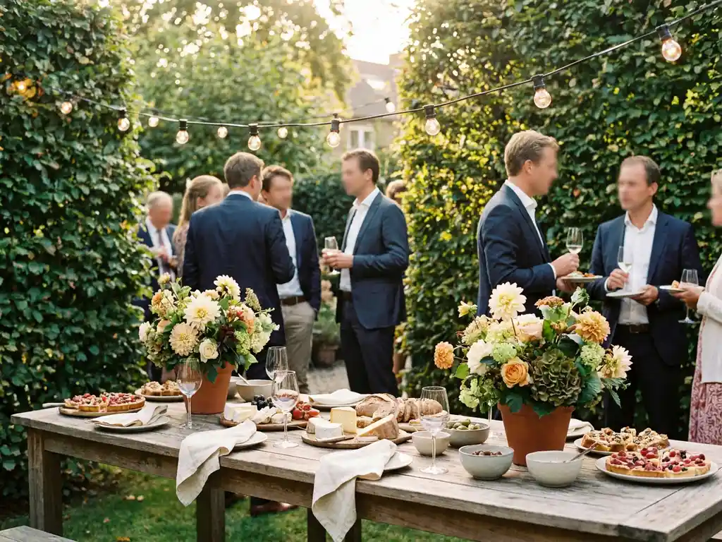 Elegante cateringtafel met fijn glaswerk, seizoensbloemen en linnen servetten tijdens een tuinfeest in gouden avondlicht.