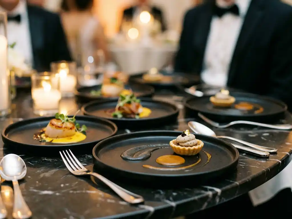 Verfijnd opgemaakte fine dining-amuses op matte zwarte keramische borden met delicate garnituren en rijke sauzen op donker marmer.