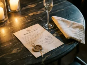 Officieel vergunningsdocument met stempel op donker marmeren tafelblad naast een champagneglas en linnen servet bij kaarslicht.