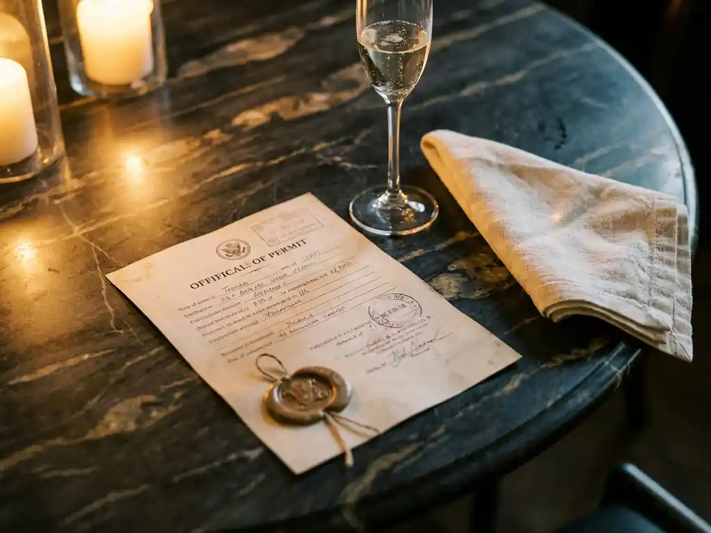 Officieel vergunningsdocument met stempel op donker marmeren tafelblad naast een champagneglas en linnen servet bij kaarslicht.