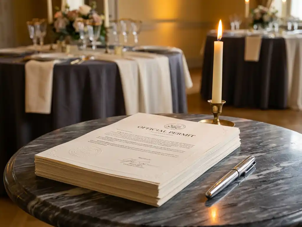 Stapel vergunningsdocumenten op donker marmer met zilveren pen en kaarslicht, luxe evenementdecor op de achtergrond.