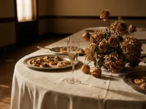 Half-leeg glas platte champagne op verlaten banquettafel met verwelkt bloemstuk en onaangeroerde canapés in gouden schemerlicht.