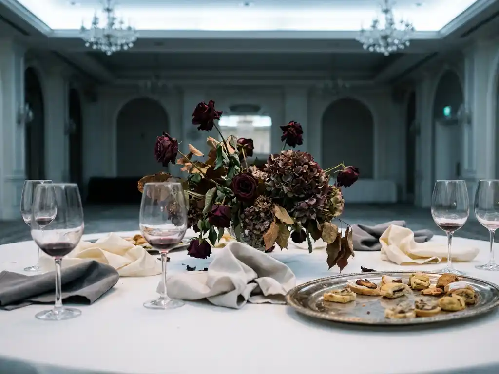 Verwelkt bloemstuk en halfvolle wijnglazen op een wit linnen banquettafel met verfrommelde servetten en onaangeroerde canapés.