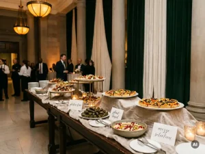 Luxe zakelijk buffet met mezze, glutenvrije hapjes en plantaardige canapés op linnen tafel in museumzaal met amberkleurige kroonluchters.