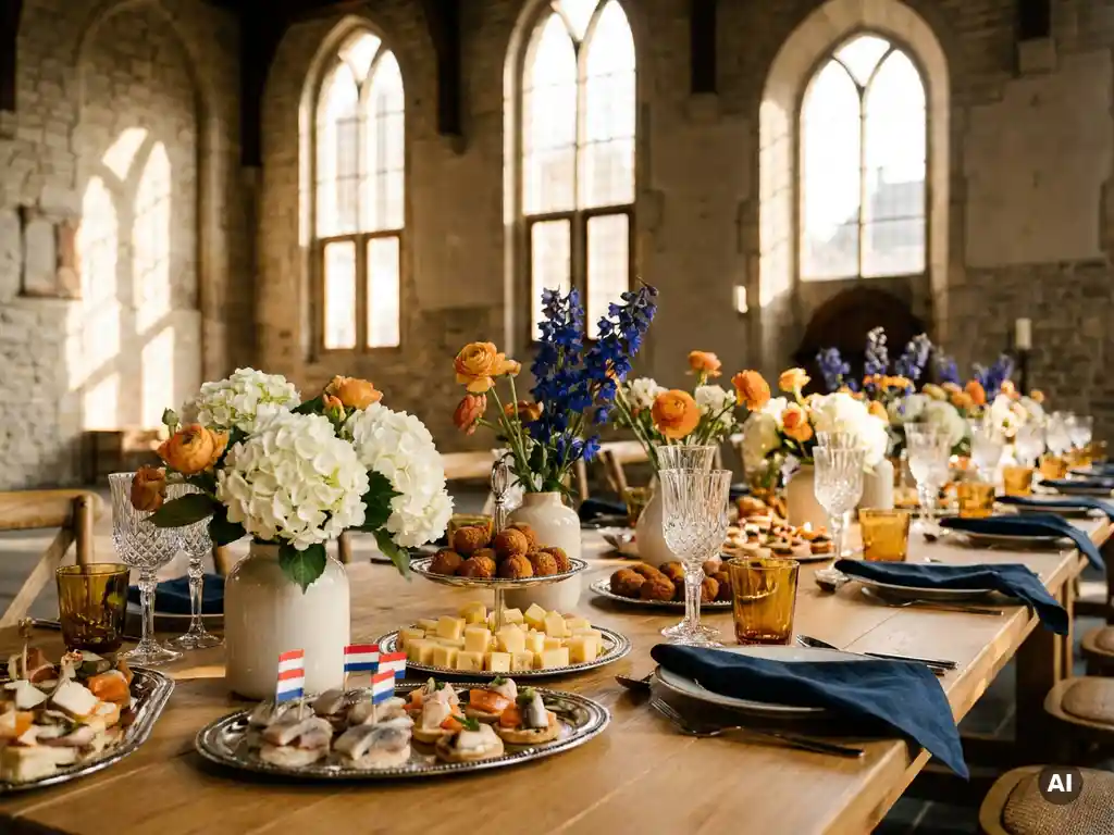 Luxe zakelijke cateringtafel met zilveren schalen, seizoensgebonden hapjes en verse bloemen in een historische zaal met hoge boogvensters.