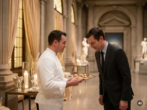 Professionele cateraar in wit jasje serveert elegante canapés aan zakenman in museumzaal met kaarslicht en klassieke architectuur.