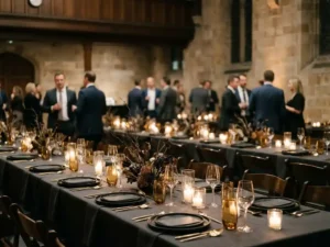 Elegante bedrijfsreceptie in een monumentale zaal met donkere bloemstukken, gouden bestek en kaarslicht op lange tafels.