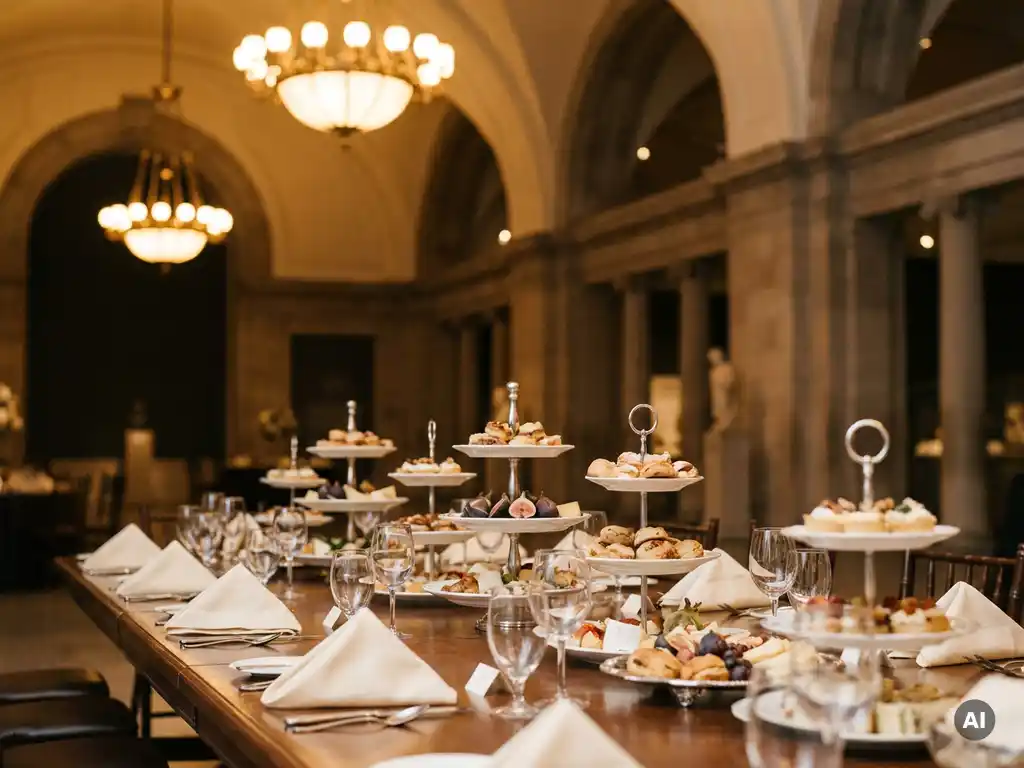 Elegant opgestelde conferentietafel met gestapelde hapjesschalen, gepolijst glaswerk en linnen servetten in een statige museumzaal met gouden kroonluchters.