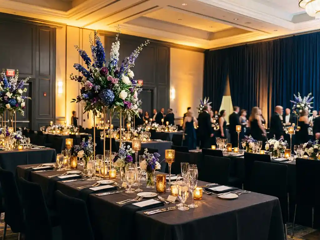 Elegante ballroomopstelling voor bedrijfsevenement met lange tafels, sculptuurlijke bloemstukken, kaarslicht en glanzend glaswerk.