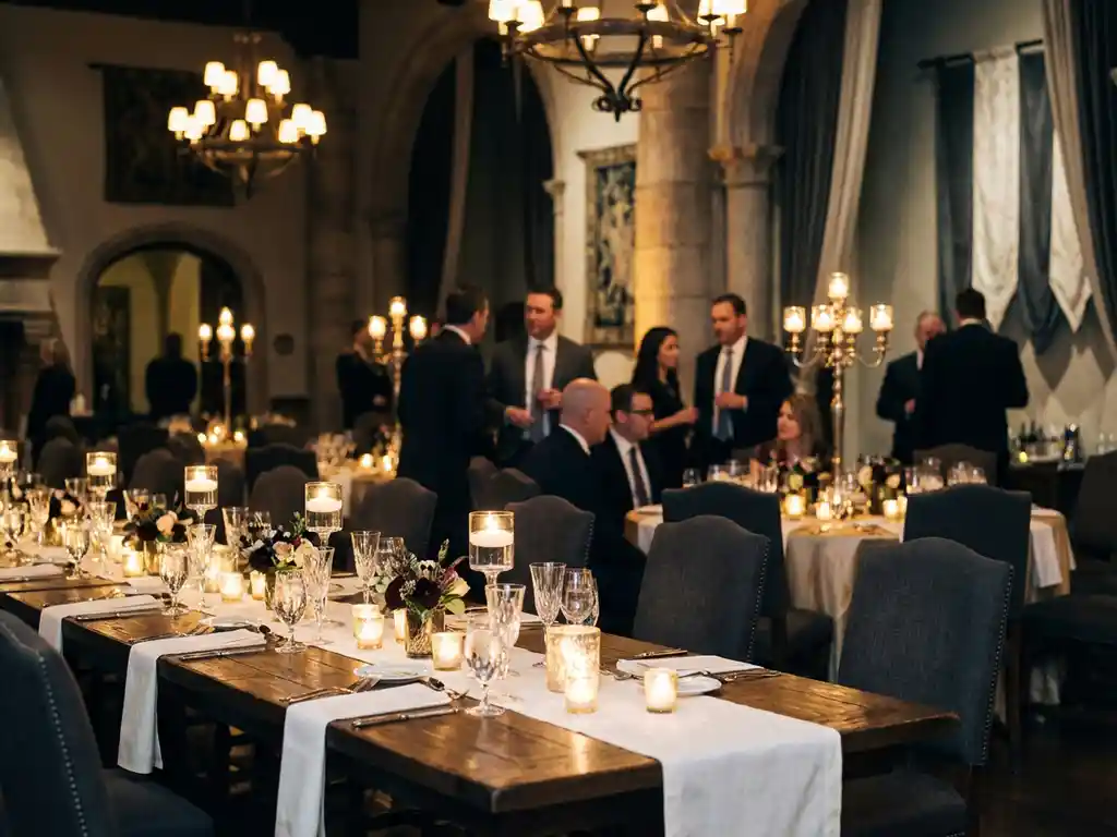 Elegante bedrijfsevenementenzaal met donkere eikentafels, wit linnen en kaarslicht in goud-ivoor tinten.