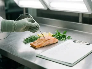 Gekookte zalmmoot op roestvrijstalen werkblad met temperatuurprobe, handschoen, klembord met checklist en verse kruiden.