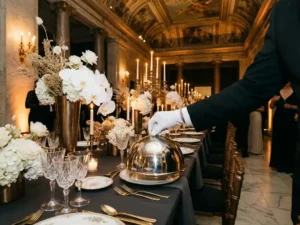 Witte gehandschoende hand die een zilveren cloche plaatst op een elegante bankettafel met kristallen glazen en kaarslicht in een museumzaal.
