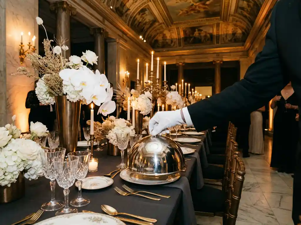 Witte gehandschoende hand die een zilveren cloche plaatst op een elegante bankettafel met kristallen glazen en kaarslicht in een museumzaal.