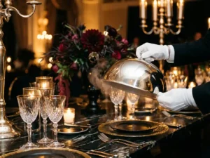 Zilveren cloche opgetild door witte handschoenen boven gedekte banquettafel met kristallen glazen en kaarslicht.